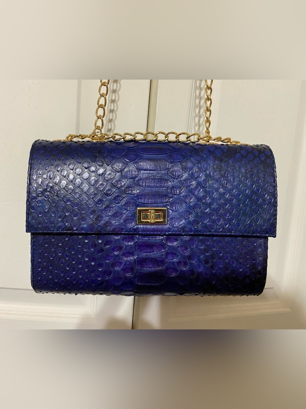 New 100% Genuine Python skin Chain Crossbody Bag with Gold Hardware Color Cobalt